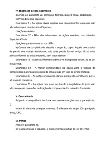IV. Hipóteses de não cabimento
a) Artigo 3o, parágrafo 2o: alimentos, falência, matéria fiscal, acidentária.
b) Procedimentos especiais.
Enunciado 8 - As ações cíveis sujeitas aos procedimentos especiais não
são admissíveis nos Juizados Especiais.
c) Ações coletivas.
Enunciado 32 - Não são admissíveis as ações coletivas nos Juizados
Especiais Cíveis.
d) Ações que teriam curso nos JEFs.
e) Causas de complexidade elevada – artigo 3o, caput. Aquela que precisa
de perícia nos moldes tradicionais; não cabe perícia formal. Artigo 35: só cabe
perícia informal; só oitiva do perito, sem laudo técnico.
Enunciado 12 - A perícia informal é admissível na hipótese do art. 35 da Lei
9.099/1995.
Enunciado 54 - A menor complexidade da causa para a fixação da
competência é aferida pelo objeto da prova e não em face do direito material.
Enunciado 69 - As ações envolvendo danos morais não constituem, por si
só, matéria complexa.
Enunciado 70 - As ações nas quais se discute a ilegalidade de juros não
são complexas para o fim de fixação da competência dos Juizados Especiais.
V. Competência
Artigo 4o – competência territorial concorrente – opção para a parte (inciso
I)
Inciso III: dano de qualquer natureza. É diferente do artigo 100, parágrafo
único, CPC.
VI. Partes
Artigo 8, parágrafo 1o.
a)Pessoas físicas e capazes, e microempresas (artigo 38, lei 9841/99).
34
 