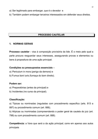 a) Ser legitimado para embargar, que é o devedor e
b) Também podem embargar terceiros interessados em defender seus direitos.
PROCESSO CAUTELAR
1. NORMAS GERAIS
Processo cautelar - visa à composição provisória da lide. É o meio pelo qual a
parte procura resguardar seus interesses, assegurando provas e elementos ou
bens à propositura de uma ação principal.
Condições ou pressupostos essenciais –
a) Periculum in mora (perigo da demora) e
b) Fumus boni iuris (fumaça do bom direito).
Podem ser:
a) Preparatórias (antes da principal) e
b) Incidentes (no curso da principal).
Classificação:
a) Típicas ou nominadas (reguladas com procedimento especifico (arts. 813 a
887) ou procedimento comum (art. 888);
b) Atípicas ou inominadas (compreendendo o poder geral de cautela do juiz (art.
798) ou com procedimento comum (art. 888).
Competência: a Vara que será a da ação principal; corre em apenso aos autos
principais
45
 