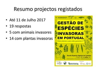 Resumo projectos registados
• Até 11 de Julho 2017
• 19 respostas
• 5 com animais invasores
• 14 com plantas invasoras
 