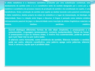 O efeito metafórico é o fenômeno semântico produzido por uma substituição contextual, este
deslizamento de sentido entre x e y é constitutivo tanto do sentido designado por x como por y. A
metáfora é constitutiva do processo mesmo de produção de sentido e da constituição do sujeito, é uma
transferência. Onde a produção de sentido esta sujeita ao deslize havendo outra possível constituição.
O efeito metafórico, deslize próprio da ordem do simbólico é o lugar da interpretação, da ideologia, da
historicidade. Essa é a relação entre língua e discurso: A língua é pensada como sistema sintático
intrinsecamente passível de jogo e a discursividade como inscrição de efeitos lingüísticos materiais na
história,                     deslizes,                      paráfrase,                      metáfora.


  Ducrot distingue diferentes formas de não dizer (implícito), o pressuposto e o
   subentendido: Linguagem (pressuposto), contexto (subentendido). Deixei de fumar.
   O pressuposto é que eu fumava antes, o motivo fica subentendido, pode-se pensar
   que é por fazer mal ou por outra razão.
  O silencio como horizonte, como eminência de sentido. Silencio fundador o sentido
   pode ser outro, silencio constitutivo, uma palavra apaga outra palavras, silencio
   local, a censura, aquilo que é proibido dizer.
 