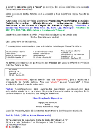 O adjetivo concorda com o “sexo” do ouvinte. Ex: Vossa excelência está cansado
(homem)/cansada(mulher).
Vossa excelência (estou falando com a pessoa) x Sua excelência (estou falando da
pessoa)
Autoridades tratadas por Vossa Excelência: Presidente/Vice; Ministros de Estado;
Prefeito/Governador; Oficiais-Generais; embaixadores; Secretários
Executivos e de Estado e Cargos de Natureza Especial; Deputados e
Senadores; Ministros do TCU; Pres. de. Câm. Leg. Municipal; Ministros do
STF, STJ, TST, TSE, STM; Juízes e Membros de Tribunal.
Vocativo: Excelentíssimo Senhor (Presidente da República/do STF/do CN)
Senhor (demais autoridades)
Obs: Vereador não é Excelência.
O endereçamento no envelope para autoridades tratadas por Vossa Excelência:
A Sua Excelência o Senhor
Fulano de Tal
Ministro de Estado da Justiça
70.064-900 – Brasília. DF
A Sua Excelência o Senhor
Senador Fulano de Tal
Senado Federal
70.165-900 – Brasília. DF
A Sua Excelência o Senhor
Fulano de Tal
Juiz de Direito da 10a Vara Cível
Rua ABC, no 123
01.010-000 – São Paulo. SP
As demais autoridades e os particulares são tratados por Vossa Senhoria e o vocativo
é Senhor Fulano de Tal.
Ao Senhor
Fulano de Tal
Rua ABC, no 123
70.123 – Curitiba. PR
Não use “ilustríssimo”, apenas senhor. Não use “digníssimo”, pois a dignidade é
pressuposto da função pública. Não use “doutor” porque “doutorado” é título
acadêmico, não é forma de tratamento.
Fecho: Respeitosamente para autoridades superiores/ Atenciosamente para
autoridades inferiores ou de mesma hierarquia. Para autoridades estrangeiras, fecho
conforme Manual do Ministério das Relações Exteriores.
Identificação do Signatário:
(espaço para assinatura)
Nome
Ministro de Estado da Justiça
Exceto do Presidente, todos os expedientes devem trazer a identificação do signatário.
Padrão Ofício ( Ofício; Aviso; Memorando)
A) Tipo/Número do expediente-Sigla do Órgão (OF123/2016-MF)
B) Local e data (à direita) * na Mensagem a data é embaixo!!
C) Assunto/Conteúdo
D) Destinatário
 