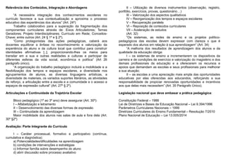 Relevância dos Conteúdos, Integração e Abordagens
“A necessária integração dos conhecimentos escolares no
currículo favorece a sua contextualização e aproxima o processo
educativo das experiências dos alunos” (Art. 24º)
Trabalho colaborativo para a superação da fragmentação dos
componentes curriculares através de: Eixos Articuladores; Temas
Geradores; Projeto Interdisciplinares; Currículo em Rede; Conceitos-
Chave; entre outros (Art. 24 § 1º e § 2º).
“Como protagonistas das ações pedagógicas, caberá aos
docentes equilibrar a ênfase no reconhecimento e valorização da
experiência do aluno e da cultura local que contribui para construir
identidades afirmativas [..], proporcionando-lhes os meios para
transitar em a sua e outras realidades e culturas e participar de
diferentes esferas da vida social, econômica e política” (Art 26
parágrafo único).
“A organização do trabalho pedagógico incluirá a mobilidade e a
flexibilização dos tempos e espaços escolares, a diversidade nos
agrupamentos de alunos, as diversas linguagens artísticas, a
diversidade de materiais, os variados suportes literários, as atividades
de reforço, a articulação entre a escola e a comunidade e o acesso a
espaços de expressão cultural” (Art. 27º § 2º).
Articulações e Continuidade da Trajetória Escolar
Bloco pedagógico (1º ao 3º ano) deve assegurar (Art. 30º):
I – Alfabetização e letramento
II – Desenvolvimento das diversas formas de expressão
III – Continuidade da aprendizagem
Maior mobilidade dos alunos nas salas de aula e fora dela (Art.
30º §2º)
Avaliação: Parte Integrante do Currículo
I – Caráter processual, formativo e participativo (contínua,
cumulativa e diagnóstica)
a) Potencialidades/dificuldades na aprendizagem
b) condições de intervenções e estratégias
c) Informar família sobre desempenho do aluno
d) abrir discussão sobre processo avaliativo
II – Utilização de diversos instrumentos (observação, registro,
portfólio, exercícios, provas, questionário…)
III – Valorização dos aspectos qualitativos
IV – Reorganização dos tempos e espaços escolares
V – Recuperação paralela
VI – Reposição de conteúdos curriculares
VII – Aceleração de estudos
(Art. 32)
“Os sistemas, as redes de ensino e os projetos político-
pedagógicos das escolas devem expressar com clareza o que é
esperado dos alunos em relação à sua aprendizagem” (Art. 34)
“A melhoria dos resultados de aprendizagem dos alunos e da
qualidade da educação obriga:
I – os sistemas de ensino a incrementarem os dispositivos da
carreira e de condições de exercício e valorização do magistério e dos
demais profissionais da educação e a oferecerem os recursos e
apoios que demandam as escolas e seus profissionais para melhorar
a sua atuação;
II – as escolas a uma apreciação mais ampla das oportunidades
educativas por elas oferecidas aos educandos, reforçando a sua
responsabilidade de propiciar renovadas oportunidades e incentivos
aos que delas mais necessitem” (Art. 35 Parágrafo Único).
Legislação nacional que deve embasar a prática pedagógica:
Constituição Federal – 1988
Lei de Diretrizes e Bases da Educação Nacional – Lei 9.394/1996
Parâmetros Curriculares Nacionais – 1999
Diretrizes Curriculares do Ensino Fundamental – Resolução 7/2010
Plano Nacional de Educação – Lei 13.005/2014
 