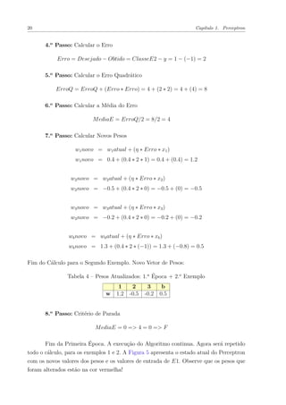 20 Capítulo 1. Perceptron
4.o
Passo: Calcular o Erro
Erro = Desejado − Obtido = ClasseE2 − y = 1 − (−1) = 2
5.o
Passo: Calcular o Erro Quadrático
ErroQ = ErroQ + (Erro ∗ Erro) = 4 + (2 ∗ 2) = 4 + (4) = 8
6.o
Passo: Calcular a Média do Erro
MediaE = ErroQ/2 = 8/2 = 4
7.o
Passo: Calcular Novos Pesos
w1novo = w1atual + (η ∗ Erro ∗ x1)
w1novo = 0.4 + (0.4 ∗ 2 ∗ 1) = 0.4 + (0.4) = 1.2
w2novo = w2atual + (η ∗ Erro ∗ x2)
w2novo = −0.5 + (0.4 ∗ 2 ∗ 0) = −0.5 + (0) = −0.5
w3novo = w3atual + (η ∗ Erro ∗ x3)
w3novo = −0.2 + (0.4 ∗ 2 ∗ 0) = −0.2 + (0) = −0.2
wbnovo = wbatual + (η ∗ Erro ∗ xb)
wbnovo = 1.3 + (0.4 ∗ 2 ∗ (−1)) = 1.3 + (−0.8) = 0.5
Fim do Cálculo para o Segundo Exemplo. Novo Vetor de Pesos:
Tabela 4 – Pesos Atualizados: 1.a
Época + 2.o
Exemplo
1 2 3 b
w 1.2 -0.5 -0.2 0.5
8.o
Passo: Critério de Parada
MediaE = 0 => 4 = 0 => F
Fim da Primeira Época. A execução do Algoritmo continua. Agora será repetido
todo o cálculo, para os exemplos 1 e 2. A Figura 5 apresenta o estado atual do Perceptron
com os novos valores dos pesos e os valores de entrada de E1. Observe que os pesos que
foram alterados estão na cor vermelha!
 