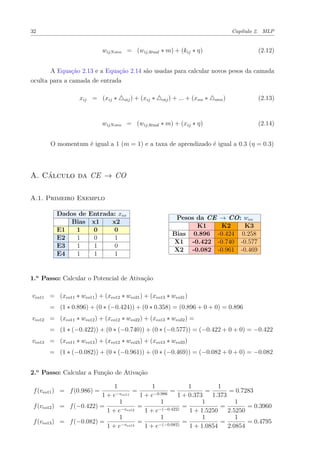 32 Capítulo 2. MLP
wijNovo = (wijAtual ∗ m) + (kij ∗ η) (2.12)
A Equação 2.13 e a Equação 2.14 são usadas para calcular novos pesos da camada
oculta para a camada de entrada
xij = (xij ∗ oij) + (xij ∗ oij) + ... + (xnn ∗ onn) (2.13)
wijNovo = (wijAtual ∗ m) + (xij ∗ η) (2.14)
O momentum é igual a 1 (m = 1) e a taxa de aprendizado é igual a 0.3 (η = 0.3)
A. Cálculo da CE → CO
A.1. Primeiro Exemplo
Dados de Entrada: xeo
Bias x1 x2
E1 1 0 0
E2 1 0 1
E3 1 1 0
E4 1 1 1
Pesos da CE → CO: weo
K1 K2 K3
Bias 0.896 -0.424 0.258
X1 -0.422 -0.740 -0.577
X2 -0.082 -0.961 -0.469
1.o
Passo: Calcular o Potencial de Ativação
veo11 = (xeo11 ∗ weo11) + (xeo12 ∗ weo21) + (xeo13 ∗ weo31)
= (1 ∗ 0.896) + (0 ∗ (−0.424)) + (0 ∗ 0.358) = (0.896 + 0 + 0) = 0.896
veo12 = (xeo11 ∗ weo12) + (xeo12 ∗ weo22) + (xeo13 ∗ weo32) =
= (1 ∗ (−0.422)) + (0 ∗ (−0.740)) + (0 ∗ (−0.577)) = (−0.422 + 0 + 0) = −0.422
veo13 = (xeo11 ∗ weo13) + (xeo12 ∗ weo23) + (xeo13 ∗ weo33)
= (1 ∗ (−0.082)) + (0 ∗ (−0.961)) + (0 ∗ (−0.469)) = (−0.082 + 0 + 0) = −0.082
2.o
Passo: Calcular a Função de Ativação
f(veo11) = f(0.986) =
1
1 + e−veo11
=
1
1 + e−0.986
=
1
1 + 0.373
=
1
1.373
= 0.7283
f(veo12) = f(−0.422) =
1
1 + e−veo12
=
1
1 + e−(−0.422)
=
1
1 + 1.5250
=
1
2.5250
= 0.3960
f(veo13) = f(−0.082) =
1
1 + e−veo13
=
1
1 + e−(−0.082)
=
1
1 + 1.0854
=
1
2.0854
= 0.4795
 