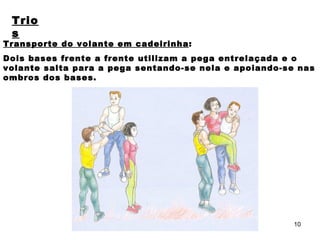 Trios Transporte do volante em cadeirinha : Dois bases frente a frente utilizam a pega entrelaçada e o volante salta para a pega sentando-se nela e apoiando-se nas ombros dos bases.  