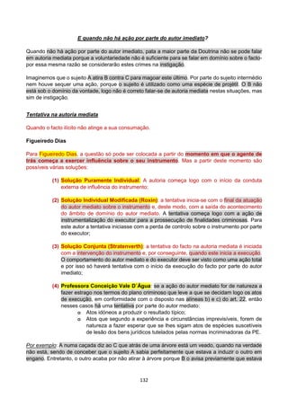 132
E quando não há ação por parte do autor imediato?
Quando não há ação por parte do autor imediato, pata a maior parte da Doutrina não se pode falar
em autoria mediata porque a voluntariedade não é suficiente para se falar em domínio sobre o facto-
por essa mesma razão se considerarão estes crimes na instigação.
Imaginemos que o sujeito A atira B contra C para magoar este último. Por parte do sujeito intermédio
nem houve sequer uma ação, porque o sujeito é utilizado como uma espécie de projétil. O B não
está sob o domínio da vontade, logo não é correto falar-se de autoria mediata nestas situações, mas
sim de instigação.
Tentativa na autoria mediata
Quando o facto ilícito não atinge a sua consumação.
Figueiredo Dias
Para Figueiredo Dias, a questão só pode ser colocada a partir do momento em que o agente de
trás começa a exercer influência sobre o seu instrumento. Mas a partir deste momento são
possíveis várias soluções:
(1) Solução Puramente Individual: A autoria começa logo com o início da conduta
externa de influência do instrumento;
(2) Solução Individual Modificada (Roxin): a tentativa inicia-se com o final da atuação
do autor mediato sobre o instrumento e, deste modo, com a saída do acontecimento
do âmbito de domínio do autor mediato. A tentativa começa logo com a ação de
instrumentalização do executor para a prossecução de finalidades criminosas. Para
este autor a tentativa iniciasse com a perda de controlo sobre o instrumento por parte
do executor;
(3) Solução Conjunta (Stratenverth): a tentativa do facto na autoria mediata é iniciada
com a intervenção do instrumento e, por conseguinte, quando este inicia a execução.
O comportamento do autor mediato e do executor deve ser visto como uma ação total
e por isso só haverá tentativa com o início da execução do facto por parte do autor
imediato;
(4) Professora Conceição Vale D´Água: se a ação do autor mediato for de natureza a
fazer estrago nos termos do plano criminoso que leve a que se decidam logo os atos
de execução, em conformidade com o disposto nas alíneas b) e c) do art. 22, então
nesses casos há uma tentativa por parte do autor mediato:
o Atos idóneos a produzir o resultado típico;
o Atos que segundo a experiência e circunstâncias imprevisíveis, forem de
natureza a fazer esperar que se lhes sigam atos de espécies suscetíveis
de lesão dos bens jurídicos tutelados pelas normas incriminadoras da PE.
Por exemplo: A numa caçada diz ao C que atrás de uma árvore está um veado, quando na verdade
não está, sendo de conceber que o sujeito A sabia perfeitamente que estava a induzir o outro em
engano. Entretanto, o outro acaba por não atirar à árvore porque B o avisa previamente que estava
 