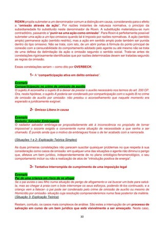 30
ROXIN propôs submeter a um denominador comum a distinção em causa, considerando para o efeito
a “omissão através da ação”. Por razões instantes de natureza normativa, o princípio da
subsidiariedade foi substituído neste denominador de Roxin. A substituição materializou-se num
contraditório, passando a “punir-se uma ação como omissão”. Para Roxin é perfeitamente possível
submeter uma ação a um tipo omissivo quando tal é imposto por razões normativas. A ação (sentido
amplo) permanece ação (sentido restrito), mas a ação em sentido amplo pode também ser punida
dentro do tipo omissivo. Não se trata, com isto, de um abrir portas à fórmula do ponto principal de
conexão com a censurabilidade do comportamento adotado pelo agente ou até mesmo não se trata
de uma defesa da delimitação da ação e omissão segundo o sentido social. Trata-se antes de
constelações rigorosamente identificadas que por razões determinadas devem ser tratadas segundo
as regras da omissão.
Essas constelações seriam – como dito por OVERBECK:
1- A “comparticipação ativa em delito omissivo”.
Exemplo
Comparticipação no crime de omissão de auxílio
O sujeito A aconselha o sujeito B a deixar de prestar o auxílio necessário nos termos do art. 200 CP.
Ora, nesta hipótese, o sujeito A poderia ser condenado por comparticipação com o sujeito B no crime
de omissão de auxílio por omissão- não prestou o aconselhamento que naquele momento era
esperado e juridicamente exigível.
2- Omisso Libera in causa
Exemplo
Nadador Salvador Embriagado
O nadador salvador embriaga-se propositadamente até à inconsciência no propósito de tornar
impossível o socorre exigido e conveniente numa situação de necessidade a que venha a ser
chamado. É punido ainda que o motivo da embriaguez fosse o de ter acabado com a namorada.
(Situações 1 e 2- Explicação Teórica Simples)
As duas primeiras constelações não parecem suscitar quaisquer problemas no que respeita à sua
consideração como casos de omissão: em qualquer uma das situações o agente não diminui o perigo
que, afetava um bem jurídico, independentemente de no plano ontológico-fenomenológico, o seu
comportamento incluir ou não a realização de atos de “introdução positiva de energia”.
3- Tentativa Interrompida de cumprimento de uma imposição legal
Exemplo
Pai de uma criança em risco de se afogar
Se o pai avista o seu filho numa situação de perigo de afogamento e vai buscar um bote para salvá-
la, mas ao chegar à praia com o bote interrompe os seus esforços, podendo tê-los continuado, e a
criança vem a falecer- o pai pode ser condenado pelo crime de omissão de auxílio ou mesmo de
Homicídio por omissão- situação cuja resolução compreenderemos numa fase posterior da matéria.
(Situação 3- Explicação Teórica)
Restam, contudo, os casos mais complexos de análise. São estes a interrupção de um processo de
salvação em curso de um bem jurídico que está visivelmente a ser ameaçado. Neste caso,
 