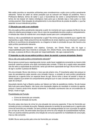 55
Não estão reunidos os requisitos suficientes para considerarmos a ação como jurídico penalmente
relevante. Temos de saber as várias posições que se colocam em relação ao problema. Para a
Professora Bárbara, temos de saber o que a neurociência diz sobre o comportamento humano-
temos de nos basear em dados ontológicos reais para que a decisão seja a mais justa e a mais
correta possível. Esta situação de atropelamento é uma decorrência da picada da abelha- o que faz
assentar na sua irrelevância jurídica.
1º Situação que está a ser analisada
Há uma ação jurídico penalmente relevante a partir do momento em que a pessoa de Bruno tira as
mãos do volante para proteger a cara. Há um nexo de causalidade de entre a ação e o atropelamento.
A retirada das mãos do volante tem uma relação causal para com o atropelamento.
Havia ou não a possibilidade de representar a ação? Na minha opinião é evidente que o agente não
representou a ação. Dado presumirmos da inexistência de sinais objetivos que induzissem a pessoa
de Bruno à ocorrência do atropelamento- eu chegaria no teste à conclusão de que não haveria uma
ação jurídico penalmente relevante.
Pode haver responsabilidade civil objetiva. Contudo, em Direito Penal, não há lugar a
responsabilidade pelo risco inerente à condução. Em, Direito Penal, como decorrência do princípio
da culpa, a pessoa de Bruno não pode ser responsabilizada- não agiu culposamente.
2º Impendia ou não na sua esfera jurídica o dever de assistir a pessoa atropelada- Beatriz
Há ou não uma ação jurídico criminalmente relevante?
Bruno ignora e prevê que a rapariga pode morrer- pode haver negligência consciente ou mesmo dolo
eventual- estamos perante uma ação controlada pela vontade. O facto de o sujeito estar assustado
não lhe retira a capacidade de raciocinar, tanto que até teve capacidade de fugir. Bruno tinha o dever
de agir e auxiliar a pessoa de Beatriz.
Há uma omissão: Bruno não diminui o risco que ele próprio criou. É importante saber isto porque no
caso de percebermos estar perante uma omissão impura, a omissão só será jurídico penalmente
relevante se o agente tinha um especial dever de agir. Bruno tinha o dever de assistir o titular do
direito subjetivo que advém do comportamento perigoso que no caso concreto sabemos que é lícito-
ação de conduzir.
Assustado decidiu fugir e Beatriz acabou por falecer por falta de assistência médica. Se ele tivesse
feito tudo para salvar Beatriz, não havia uma imputação objetiva do resultado à conduta do agente,
porque o mesmo ainda tinha atuado licitamente, o resultado aconteceria das as circunstâncias do
tempo, modo e lugar.
Possibilidades de Punição:
 Crime de Homicídio por omissão;
 Crime de Omissão de Auxílio.
De entre estes dois tipos de crime há uma situação de concurso aparente. O tipo de Homicídio por
omissão já inclui a omissão de auxílio. Relação aparente no sentido de que basta punir o agente pelo
crime de homicídio por omissão. Os bens jurídicos são salvaguardados só com a punição do agente
por um tipo de crime. De entre estes dois tipos de crime há uma relação de subsidiariedade implícita.
Para uns autores estamos perante uma relação de concurso aparente na modalidade de consunção,
mas eu não concordo.
SUMA: Bruno seria punido pelo crime de Homicídio por omissão
 