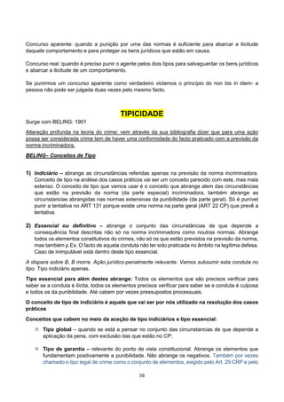 56
Concurso aparente: quando a punição por uma das normas é suficiente para abarcar a ilicitude
daquele comportamento e para proteger os bens jurídicos que estão em causa.
Concurso real: quando é preciso punir o agente pelos dois tipos para salvaguardar os bens jurídicos
e abarcar a ilicitude de um comportamento.
Se punirmos um concurso aparente como verdadeiro violamos o princípio do non bis in idem- a
pessoa não pode ser julgada duas vezes pelo mesmo facto.
TIPICIDADE
Surge com BELING: 1901
Alteração profunda na teoria do crime: vem através da sua bibliografia dizer que para uma ação
possa ser considerada crime tem de haver uma conformidade do facto praticado com a previsão da
norma incriminadora.
BELING– Conceitos de Tipo
1) Indiciário – abrange as circunstâncias referidas apenas na previsão da norma incriminadora.
Conceito de tipo na análise dos casos práticos vai ser um conceito parecido com este, mas mais
extenso. O conceito de tipo que vamos usar é o conceito que abrange alem das circunstâncias
que estão na previsão da norma (da parte especial) incriminadora, também abrange as
circunstancias abrangidas nas normas extensivas da punibilidade (da parte geral). Só é punível
punir a tentativa no ART 131 porque existe uma norma na parte geral (ART 22 CP) que prevê a
tentativa.
2) Essencial ou definitivo – abrange o conjunto das circunstâncias de que depende a
consequência final descritas não só na norma incriminadora como noutras normas. Abrange
todos os elementos constitutivos do crimes, não só os que estão previstos na previsão da norma,
mas também p.Ex. O facto de aquela conduta não ter sido praticada no âmbito na legítima defesa.
Caso de inimputável está dentro deste tipo essencial.
A dispara sobre B, B morre. Ação jurídico-penalmente relevante. Vamos subsumir esta conduta no
tipo. Tipo indiciário apenas.
Tipo essencial para além destes abrange: Todos os elementos que são precisos verificar para
saber se a conduta é ilícita, todos os elementos precisos verificar para saber se a conduta é culposa
e todos os da punibilidade. Até cabem por vezes pressupostos processuais.
O conceito de tipo de indiciário é aquele que vai ser por nós utilizado na resolução dos casos
práticos
Conceitos que cabem no meio da aceção de tipo indiciários e tipo essencial:
 Tipo global – quando se está a pensar no conjunto das circunstancias de que depende a
aplicação da pena, com exclusão das que estão no CP;
 Tipo de garantia – relevante do ponto de vista constitucional. Abrange os elementos que
fundamentam positivamente a punibilidade. Não abrange os negativos. Também por vezes
chamado o tipo legal de crime como o conjunto de elementos, exigido pelo Art. 29 CRP e pelo
 