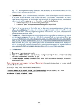 57
Art. 1 CP, a que a lei tem de se referir para que se culpa o conteúdo essencial do princípio
nullum crimen, nulla poena sine lege.
 Tipo de ilícito – figura sistemática de que a doutrina penal se serve para exprimir um sentido
de ilicitude, individualizando uma espécie de delito e cumprindo, deste modo, a função
material de ar a conhecer ao destinatário que tal espécie do comportamento é proibida pelo
ordenamento jurídico. abrange só os elementos constitutivos da ilicitude:
o Indiciários (abrange só os elementos positivos);ou
o Essenciais (caso abarque os elementos negativos e positivos).
 Trata-se de um conjunto de elementos que se distribuem pelas categorias da ilicitude, da
culpa e da punibilidade; em qualquer uma dessas categorias se depara com requisitos de que
depende em último termo a punição do agente e relativamente aos quais por isso tem de
cumprir-se a função da lei penal.
 Tipo de erro – trata-se neste do conjunto de elementos que se torna necessário ao agente
conhecer para que possa afirmar-se o dolo do tipo, dolo do facto ou “dolo natural”. Este tipo
não se confunde nem com o tipo de garantia, nem com o tipo de ilícito: dele fazem parte,
como se dirá, os pressupostos de uma causa de justificação ou mesmo de exclusão da culpa;
bem como até proibições cujo conhecimento seja razoavelmente indispensável para que o
agente tome consciência da ilicitude do facto, no sentido de que a sua não representação ou
a sua representação incorreta pelo agente exclui o dolo ou a punição a esse titulo.
 Tipo de ilícito -
 Consoante o ponto de referência:
 Tipo de sentido concreto – se estamos a averiguar se naquele caso em concreto estão
presentes determinados elementos do tipo.
 Tipo em sentido abstrato – se estamos a tentar verificar quais os elementos em sentido
geral daquele tipo.
Qual a técnica que usamos para averiguar? Subsunção. Vamos tentar averiguar se aquele caso é
um caso de certa norma.
Subsunção surge como consequência e não técnica.
“O crime é uma ação típica, ilícita, culposa e punível”- Noção genérica de Crime
ELEMENTOS OBJETIVOS DO CRIME
 