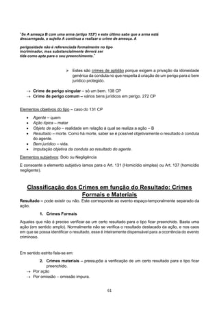 61
“Se A ameaça B com uma arma (artigo 153º) e este último sabe que a arma está
descarregada, o sujeito A continua a realizar o crime de ameaça. A
perigosidade não é referenciada formalmente no tipo
incriminador, mas substancialmente deverá ser
tida como apta para o seu preenchimento.”
 Estes são crimes de aptidão porque exigem a privação da idoneidade
genérica da conduta no que respeita à criação de um perigo para o bem
jurídico protegido.
 Crime de perigo singular – só um bem. 138 CP
 Crime de perigo comum – vários bens jurídicos em perigo. 272 CP
Elementos objetivos do tipo – caso do 131 CP
 Agente – quem
 Ação típica – matar
 Objeto de ação – realidade em relação à qual se realiza a ação – B
 Resultado – morte. Como há morte, saber se é possível objetivamente o resultado à conduta
do agente.
 Bem jurídico – vida.
 Imputação objetiva da conduta ao resultado do agente.
Elementos subjetivos: Dolo ou Negligência
E consoante o elemento subjetivo íamos para o Art. 131 (Homicídio simples) ou Art. 137 (homicídio
negligente).
Classificação dos Crimes em função do Resultado: Crimes
Formais e Materiais
Resultado – pode existir ou não. Este corresponde ao evento espaço-temporalmente separado da
ação.
1. Crimes Formais
Aqueles que não é preciso verificar-se um certo resultado para o tipo ficar preenchido. Basta uma
ação (em sentido amplo). Normalmente não se verifica o resultado destacado da ação, e nos caos
em que se possa identificar o resultado, esse é inteiramente dispensável para a ocorrência do evento
criminoso.
Em sentido estrito fala-se em:
2. Crimes materiais – pressupõe a verificação de um certo resultado para o tipo ficar
preenchido.
 Por ação
 Por omissão – omissão impura.
 