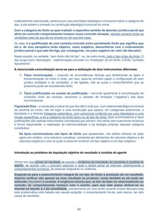 63
materialmente estruturada, pertence por isso prioridade teleológica e funcional sobre a categoria do
tipo, a ela advém o primado na construção teleológico-funcional do crime.
Com a categoria do ilícito se quer traduzir o específico sentido de desvalor jurídico-penal que
atine um concreto comportamento humano numa concreta situação, atentas portanto todas as
condições reais de que ele se reveste ou em que tem lugar.
Ou seja: é a qualificação de uma conduta concreta como penalmente ilícita que significa que
ela é, de uma perspetiva tanto objetiva, como subjetiva, desconforme com o ordenamento
jurídico-penal e que este lhe liga, por conseguinte, um juízo negativo de valor (de desvalor).
Nesta aceção, na verdade, “sem ilícito não há tipo”: ou, de outro modo, todo o tipo é tipo de ilícito. O
tipo surge como “tipicização”, “sedimentação concreta” ou “irradiação” de um ilícito, é ilícito “cunhado
tipicamente”.
A mencionada concretização serve-se para a realização de dois instrumentos diferentes:
1) Tipos incriminações – conjunto de circunstâncias lácticas que diretamente se ligam à
fundamentação do ilícito e onde, por isso, assume primeiro papel a configuração do bem
jurídico protegido e as condições, a ele ligadas, sob as quais o comportamento que as
preenche pode ser considerado ilícito;
2) Tipos justificações ou causas de justificação – servindo igualmente à concretização do
conteúdo ilícito da conduta, assumem o caracter de limitação (“negativa”) dos tipos
incriminadores.
Figueiredo Dias – a conclusão a retirar do que fica dito é a de que, num sistema teleológico-funcional
da doutrina do crime, não há lugar a uma construção que separe, em categoriais autónomas, a
tipicidade e a ilicitude.Categoria sistemática, com autonomia conferida por uma teleológica e uma
função específicas, é só a categoria do ilícito-típico ou do tipo de ilícito: tipos incriminadores e tipos
justificações são apenas instrumentos conceptuais que servem, hoc senso sem autonomia recíproca
e forma dependente, a realização da intencionalidade e da teologia próprias daquela categoria
constitutiva.
Os tipos incriminadores são tipos de ilícito que apresentam, nos delitos dolosos de ação
agora em análise, uma estrutura complexa, composta por elementos de natureza objetiva e de
natureza subjetiva e com os quais é possível construir um tipo objetivo e um tipo subjetivo.
Introdução ao problema da imputação objetiva do resultado à conduta do agente
Vimos que nos crimes de resultado se suscita o problema da imputação do resultado à conduta do
agente, de acordo com o principio segundo o qual o direito penal só intervém relativamente a
comportamentos humanos- de pessoas singulares ou coletivas.
Exigindo-se para o preenchimento integral de um tipo de ilícito a produção de um resultado,
importa verificar não apenas se esse resultado se produziu, como também se ele pode ser
atribuído (imputado) à conduta. A exigência mínima que, se tem de fazer ao relacionamento ou
conexão do comportamento humano com o evento, para que este possa atribuir-se ou
imputar-se àquele, é a da causalidade, precisamente por isso tendo durante muitas décadas toda
esta problemática sido tratada sob aquela epígrafe: o comportamento há-de, pelo menos, ter sido
causa do resultado.
 