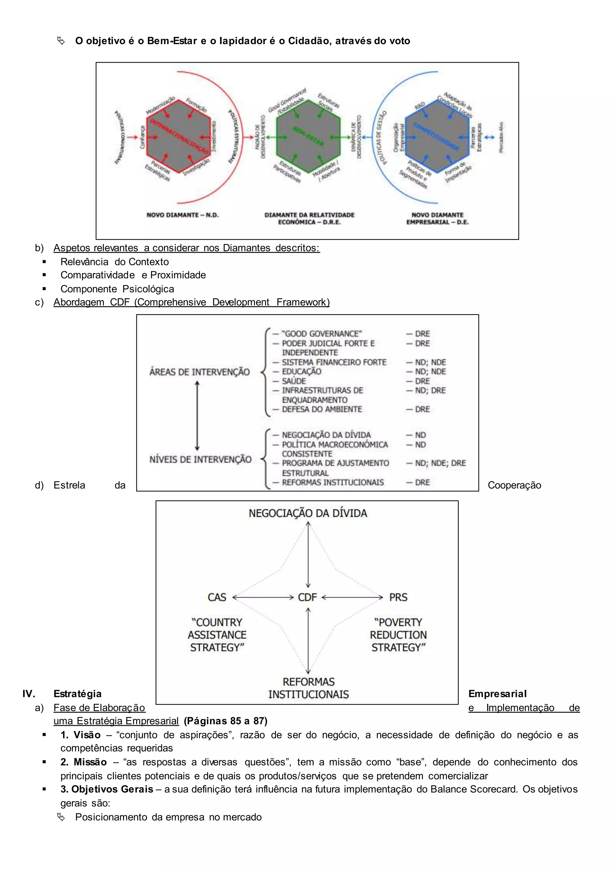  O objetivo é o Bem-Estar e o lapidador é o Cidadão, através do voto
b) Aspetos relevantes a considerar nos Diamantes descritos:
 Relevância do Contexto
 Comparatividade e Proximidade
 Componente Psicológica
c) Abordagem CDF (Comprehensive Development Framework)
d) Estrela da Cooperação
IV. Estratégia Empresarial
a) Fase de Elaboração e Implementação de
uma Estratégia Empresarial (Páginas 85 a 87)
 1. Visão – “conjunto de aspirações”, razão de ser do negócio, a necessidade de definição do negócio e as
competências requeridas
 2. Missão – “as respostas a diversas questões”, tem a missão como “base”, depende do conhecimento dos
principais clientes potenciais e de quais os produtos/serviços que se pretendem comercializar
 3. Objetivos Gerais – a sua definição terá influência na futura implementação do Balance Scorecard. Os objetivos
gerais são:
 Posicionamento da empresa no mercado
 