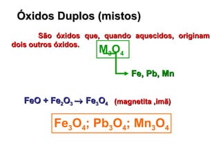 Óxidos Duplos (mistos)   São óxidos que, quando aquecidos, originam dois outros óxidos.  M 3 O 4   Fe, Pb, Mn FeO + Fe 2 O 3    Fe 3 O 4 Fe 3 O 4 ; Pb 3 O 4 ; Mn 3 O 4 (magnetita ,imã) 