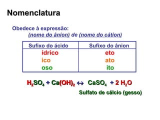 Nomenclatura  Obedece à expressão: (nome do ânion)  de  (nome do cátion) Sufixo do ácido  Sufixo do ânion ídrico   eto ico   ato oso  ito H 2 SO 4  + Ca(OH) 2     +  2   H 2 O  H 2 SO 4  + Ca (OH) 2      CaSO 4   H 2 SO 4  +  Ca (OH) 2      Sulfato de cálcio (gesso) 