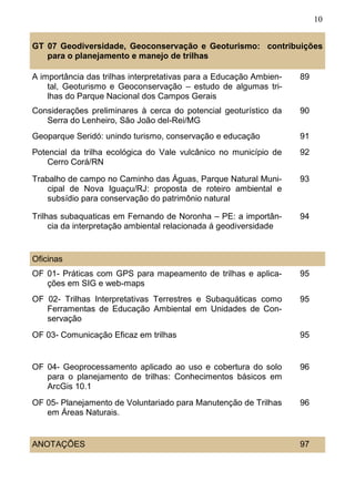 10
A importância das trilhas interpretativas para a Educação Ambien-
tal, Geoturismo e Geoconservação – estudo de algumas tri-
lhas do Parque Nacional dos Campos Gerais
89
Considerações preliminares à cerca do potencial geoturístico da
Serra do Lenheiro, São João del-Rei/MG
90
Geoparque Seridó: unindo turismo, conservação e educação 91
Potencial da trilha ecológica do Vale vulcânico no município de
Cerro Corá/RN
92
Trabalho de campo no Caminho das Águas, Parque Natural Muni-
cipal de Nova Iguaçu/RJ: proposta de roteiro ambiental e
subsídio para conservação do patrimônio natural
93
Trilhas subaquaticas em Fernando de Noronha – PE: a importân-
cia da interpretação ambiental relacionada á geodiversidade
94
Oficinas
OF 01- Práticas com GPS para mapeamento de trilhas e aplica-
ções em SIG e web-maps
95
OF 02- Trilhas Interpretativas Terrestres e Subaquáticas como
Ferramentas de Educação Ambiental em Unidades de Con-
servação
95
OF 03- Comunicação Eficaz em trilhas 95
OF 04- Geoprocessamento aplicado ao uso e cobertura do solo
para o planejamento de trilhas: Conhecimentos básicos em
ArcGis 10.1
96
OF 05- Planejamento de Voluntariado para Manutenção de Trilhas
em Áreas Naturais.
96
ANOTAÇÕES 97
GT 07 Geodiversidade, Geoconservação e Geoturismo: contribuições
para o planejamento e manejo de trilhas
 