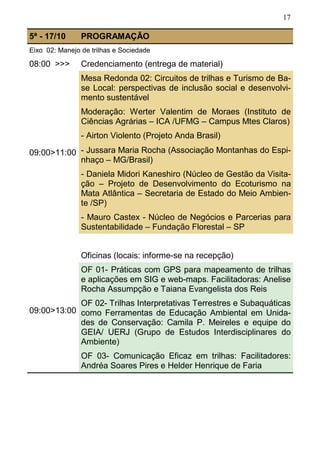 17
5ª - 17/10 PROGRAMAÇÃO
Eixo 02: Manejo de trilhas e Sociedade
08:00 >>> Credenciamento (entrega de material)
09:00>11:00
Mesa Redonda 02: Circuitos de trilhas e Turismo de Ba-
se Local: perspectivas de inclusão social e desenvolvi-
mento sustentável
Moderação: Werter Valentim de Moraes (Instituto de
Ciências Agrárias – ICA /UFMG – Campus Mtes Claros)
- Airton Violento (Projeto Anda Brasil)
- Jussara Maria Rocha (Associação Montanhas do Espi-
nhaço – MG/Brasil)
- Daniela Midori Kaneshiro (Núcleo de Gestão da Visita-
ção – Projeto de Desenvolvimento do Ecoturismo na
Mata Atlântica – Secretaria de Estado do Meio Ambien-
te /SP)
- Mauro Castex - Núcleo de Negócios e Parcerias para
Sustentabilidade – Fundação Florestal – SP
09:00>13:00
Oficinas (locais: informe-se na recepção)
OF 01- Práticas com GPS para mapeamento de trilhas
e aplicações em SIG e web-maps. Facilitadoras: Anelise
Rocha Assumpção e Taiana Evangelista dos Reis
OF 02- Trilhas Interpretativas Terrestres e Subaquáticas
como Ferramentas de Educação Ambiental em Unida-
des de Conservação: Camila P. Meireles e equipe do
GEIA/ UERJ (Grupo de Estudos Interdisciplinares do
Ambiente)
OF 03- Comunicação Eficaz em trilhas: Facilitadores:
Andréa Soares Pires e Helder Henrique de Faria
 