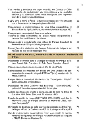 8
Vías verdes y senderos de largo recorrido en Canada y Chile:
evaluación de participacion de comunidades y de múltiples
actores y su potentcial como redes ecológicas para la protec-
cion de la biodiversidad biológica
62
SESC SP e a Trilha d’Água – adutora da década de 40 é utilizada
como ferramenta de interpretação ambiental.
63
Planejamento e implementação de uma trilha interpretativa na
Escola Família Agrícola Puris, no município de Araponga, MG
64
Planejamento, manejo de trilhas e sociedade
Turismo de base comunitária no Baixo Acará: interpretando e
desenvolvendo trilhas ecoturísticas
65
Recuperação e estruturação das trilhas do Parque Estadual do
Forno Grande /ES para visitação pública
66
Percepções dos visitantes do Parque Estadual do Ibitipoca em
relação ao lixo e sua deposição final
67
Diagnóstico de trilhas para a visitação ecológica no Parque Esta-
dual Acaraí, São Francisco do Sul - Santa Catarina - Brasil
68
Plano de gerenciamento de riscos em UC de São Paulo 69
Bioindicadores de impactos em trilhas em uma unidade de con-
servação de proteção integral (PARNA Tijuca), no domínio da
Mata Atlântica
70
Parque Natural Municipal Montanhas de Teresopólis- PNMMT:
potencialidades e fragilidades
71
Diagnóstico da trilha Caminho dos Escravos – Diamantina/MG:
potencial, desafios e propostas de intervenção
72
Análise das taxas de erosão e compactação do solo na trilha do
Carteiro, APA Serra São José, Tiradentes - MG
73
Estudo da gestão de riscos (ABNT NBR 15331:2005) na trilha do
Morro do Diabo do Parque Estadual do Morro do Diabo, Teo-
doro Sampaio/SP
74
O impacto na dinâmica do solo através da utilização da trilha Pon-
ta Negra - Praia de Galhetas na RE da Joatinga em Paraty/RJ
75
Uso de equipamentos transceptores como instrumento de monito-
ramento e segurança no Parque Natural Municipal da Taquara
– PNMT, Duque de Caxias / RJ
76
GT 05 Análise de risco, vulnerabilidade e impactos ambientais em
trilhas
 