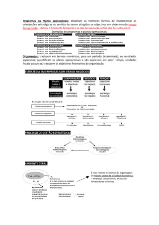 Programas ou Planos operacionais: detalham as melhores formas de implementar as
orientações estratégicas no sentido de serem atingidos os objectivos em determinado tempo
de execução – define o horizonte temporal e se são de execução então são de curto prazo.
                        Exemplos de programas e planos operacionais:
          Politica de Marketing                              Política de RH
           plano de vendas                                    plano de promoções
           plano de promoção                                  plano de remunerações
           plano de publicidade                               plano de formação
           plano de distribuição                              plano de recrutamento e selecção
          Política de Produção                               Política Financeira
           plano de produção                                      plano financeiro
           plano de manutenção                                plano de investimento
           plano de qualidade                                 plano de tesouraria
           plano de aprovisionamento                          plano de resultados
Orçamentos: traduzem em termos numéricos, para um período determinado, os resultados
esperados; quantificam os planos operacionais e são expressos em valor, tempo, unidades
fiscais ou outras; traduzem os objectivos financeiros da organização.

∗ ESTRATÉGIA EM EMPRESAS COM VÁRIOS NEGÓCIOS:
                                            CORPORAÇÃO                  NEGÓCIO         FUNÇÃO
                               Missão,       missão, metas              objectivos     objectivos
                               metas e        e objectivos              do negócio     funcionais
                              objectivos

                             formulação        estratégia               estratégia     estratégia
                            da estratégia      corporativa              do negócio     funcional

       Exemplo da General Electric

                                                Presidente do Cons. Administ.
          nível corporativo
                                                Conselho de Administração

          nível do negócio
                                                General E.         General E.         General E.      General E.
                                                 Aviões            Iluminação          Motors          Plásticos

            nível funcional
                                                Produção           Marketing         Contabilidade       I& D




∗ PROCESSO DE GESTÃO ESTRATÉGICA:
                                                          Análise
                                                        Estratégica
                                                          posição



                                 Escolha                                        Implementação
                                Estratégica                                       estratégica
                                  decisão                                            acção




∗ AMBIENTE GERAL:

                                                                              É mais restrito e é comum às organizações
    E spec ífico                                                              do mesmo sector de actividade económica
                            MicroAmbiente                                     – empresas concorrentes; análise de
        Ge ral              (é o mais próximo da realidade                    fornecedores e clientes.
                            corresponde ao sector da
                            actividade económica em que a
       MacroAmbi ente       empresa actua)
       (comum a todas as
       organizações
       independentemente               MacroAmbiente         Ambiente
       do ramo/actividade              MicroAmbiente          Interno
       em que actua)
 