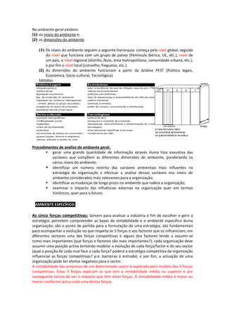 No ambiente geral existem:
(1): os níveis do ambiente e;
(2): as dimensões do ambiente.

    (1) Os níveis do ambiente seguem a seguinte hierarquia: começa pelo nível global, seguido
        do nível que funciona com um grupo de países (Península Ibérica, UE, etc.), nível de
        um país, o nível regional (distrito, Nuts, área metropolitana, comunidade urbana, etc.),
        e por fim o nível local (conselho, freguesia, etc.).
    (2) As dimensões do ambiente funcionam a partir da Análise PEST (Politico legais,
        Económica, Sócio-cultural, Tecnológica).
    Exemplos:
                                                                                                                                               variáveis
  Político-Legais                         Económicas
  situação política;                      valor e tendência da taxa de inflação, taxa d e juro, PIB;   dimensões

  política fiscal;                        índices de produtividade;                                      níveis        P           E   S   T
  leg islação económica;                  polít icas concorrências;
  leg . da protecção do ambiente;         taxa de desemprego e disponibilida de de mão-de-obra;
  regulação do comércio internacional;    polít ica industrial;
   (níveis: global ou grupo de p aíses)   barreiras à ent rada;
  programas de apoio às empresas;         poder de compra, sua evo lução e distribuição;
  leg islação laboral (nível país);

  Sócio-culturais                         Tecnológicas
  evolução demográficas;                  polít ica de I&D;
  conflitualidade social;                 processos e métodos de produção;
  migra ções;                             descobertas, dsenvolvimento e disseminação de novas
  níveis de escolaridade;                 tecnologias;                                                             sub-variáveis               tempo
  sindicatos;                             inf ra-est ruturas científicas e técnicas;                   é mais fácil esta matriz
  movimentos de defesa do consumidor;     invest imento em I &D;                                       se concretizar teoricamente
  grupos sociais, étnicos e religiosos;                                                                do queconcretizá-la na prática.
  valores, atitudes e estilos de vida;


Procedimentos de análise do ambiente geral:
        gerar uma grande quantidade de informação através duma lista exaustiva das
          variáveis que compõem as diferentes dimensões do ambiente, ponderando os
          vários níveis do ambiente;
        identificar um número restrito das variáveis ambientais mais influentes na
          estratégia da organização e efectuar a análise dessas variáveis nos níveis do
          ambiente considerados mais relevantes para a organização;
        identificar as mudanças de longo prazo no ambiente que rodeia a organização;
        examinar o impacto das influências externas na organização quer em termos
          históricos, quer para o futuro.

∗ AMBIENTE ESPECÍFICO:

As cinco forças competitivas: Servem para analisar a indústria a fim de escolher e gerir a
estratégia; permitem compreender as bases da rentabilidade e o ambiente específico duma
organização; são o ponto de partida para a formulação de uma estratégia; são fundamentais
para acompanhar a evolução no que respeita às 5 forças e aos factores que os influenciam; em
diferentes sectores uma das forças competitivas e alguns dos factores tende a assumir-se
como mais importantes (que forças e factores são mais importantes?); cada organização deve
assumir uma posição activa tentando modelar a evolução de cada força/factor e do seu sector
(qual a posição de cada rival face a cada força? poderá a estratégia competitiva da organização
influenciar as forças competitivas? p.e. barreiras à entrada); e por fim, a actuação de uma
organização pode ter efeitos negativos para o sector.
A rentabilidade das empresas de um determinado sector é explicada pelo modelo das 5 forças
competitivas. Estas 5 forças explicam as que tem a rentabilidade média ou superior e por
conseguinte temos de ver o impacto que tem estas forças. A rentabilidade média é maior ou
menor conforme actua cada uma destas forças.
 