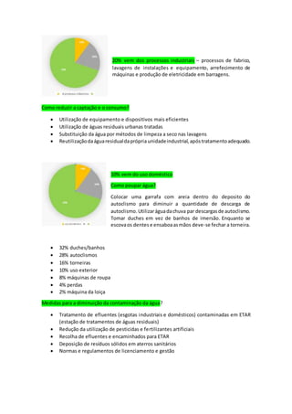 20% vem dos processos industriais – processos de fabrico,
lavagens de instalações e equipamento, arrefecimento de
máquinas e produção de eletricidade em barragens.
Como reduzir a captação e o consumo?
 Utilização de equipamento e dispositivos mais eficientes
 Utilização de águas residuais urbanas tratadas
 Substituição da água por métodos de limpeza a seco nas lavagens
 Reutilizaçãodaáguaresidualdaprópria unidadeindustrial,apóstratamentoadequado.
10% vem do uso doméstico
Como poupar água?
Colocar uma garrafa com areia dentro do deposito do
autoclismo para diminuir a quantidade de descarga de
autoclismo.Utilizaráguadachuva par descargasde autoclismo.
Tomar duches em vez de banhos de imersão. Enquanto se
escovaos dentes e ensaboaasmãos deve-se fechar a torneira.
 32% duches/banhos
 28% autoclismos
 16% torneiras
 10% uso exterior
 8% máquinas de roupa
 4% perdas
 2% máquina da loiça
Medidas para a diminuição da contaminação da água?
 Tratamento de efluentes (esgotas industriais e domésticos) contaminadas em ETAR
(estação de tratamentos de águas residuais)
 Redução da utilização de pesticidas e fertilizantes artificiais
 Recolha de efluentes e encaminhados para ETAR
 Deposição de resíduos sólidos em aterros sanitários
 Normas e regulamentos de licenciamento e gestão
 