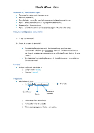 Filosofia 11º ano – Lógica

Importância / relevância da logica
       Pensar de forma clara, concisa e correcta;
       Resolver problemas;
       Contribui para a precisão, coerência e de demostratividade do raciocínio;
       Ajuda a detectar erros lógicos na linguagem falada e escrita;
       Eleva a cultura do pensamento;
       Ajuda a encontrar vias mais breves e correctas para refutar e evitar erros.

Instrumentos lógicos do pensamento


   1. O que são conceitos?

   2. Como se formam os conceitos?

                Os conceitos formam-se a partir da observação de um nº de casos
                considerados suficiente que analisamos, retirando características essenciais
                (ex. tinta de uma caneta) e desprezamos as acidentais (ex. cor da tinta de uma
                caneta);
                Sintetizamos a informação, abstraímos da situação concreta e generalizamos
                todas as situações.

Conceito
       Pode organizar-se, atendendo a:
          o Compreensão – booby;
          o Extensão – animal;


Proposição
       Relaciona conceitos;
           o    Ex.: Todas as árvoressãoplantas                   Predicado




             Quantificador                   Copula (verbo
                                              copulativo)
                              Sujeito



           o    Tem que ser frase declarativa;
           o    Tem que ter valor de verdade;
           o    Afirma ou nega algo em relação a um sujeito.
 