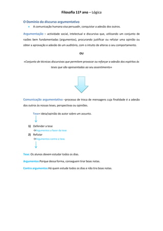 Filosofia 11º ano – Lógica

O Domínio do discurso argumentativo
        A comunicação humana visa persuadir, conquistar a adesão dos outros.

Argumentação – actividade social, intelectual e discursiva que, utilizando um conjunto de
razões bem fundamentadas (argumentos), procurando justificar ou refutar uma opinião ou
obter a aprovação e adesão de um auditório, com o intuito de alteras o seu comportamento.

                                               OU

«Conjunto de técnicas discursivas que permitem provocar ou reforçar a adesão dos espíritos às
                      teses que são apresentadas ao seu assentimento»




Comunicação argumentativa –processo de troca de mensagens cuja finalidade é a adesão
dos outros às nossas teses, perspectivas ou opiniões.

       Tese= ideia/opinião do autor sobre um assunto.



    1) Defender a tese
       →Argumentos a favor da tese.
    2) Refutar
       →Argumentos contra a tese.




Tese: Os alunos devem estudar todos os dias.

Argumentos:Porque dessa forma, conseguem tirar boas notas.

Contra argumentos:Há quem estude todos os dias e não tira boas notas.
 