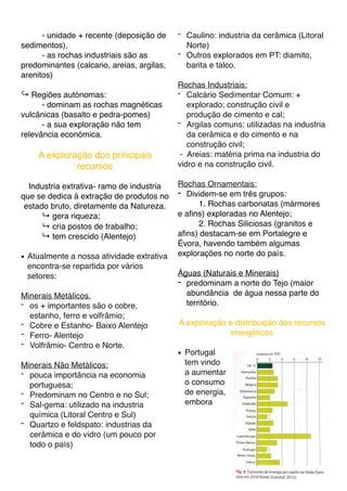 - unidade + recente (deposição de
sedimentos),
- as rochas industriais são as
predominantes (calcario, areias, argilas,
arenitos)
↪ Regiões autónomas:
- dominam as rochas magnéticas
vulcânicas (basalto e pedra-pomes)
- a sua exploração não tem
relevância económica.
A exploração dos principais
recursos
Industria extrativa- ramo de industria
que se dedica à extração de produtos no
estado bruto, diretamente da Natureza.
↳ gera riqueza;
↳ cria postos de trabalho;
↳ tem crescido (Alentejo)
● Atualmente a nossa atividade extrativa
encontra-se repartida por vários
setores:
Minerais Metálicos.
- os + importantes são o cobre,
estanho, ferro e volfrâmio;
- Cobre e Estanho- Baixo Alentejo
- Ferro- Alentejo
- Volfrâmio- Centro e Norte.
Minerais Não Metálicos:
- pouca importância na economia
portuguesa;
- Predominam no Centro e no Sul;
- Sal-gema: utilizado na industria
química (Litoral Centro e Sul)
- Quartzo e feldspato: industrias da
cerâmica e do vidro (um pouco por
todo o país)
- Caulino: industria da cerâmica (Litoral
Norte)
- Outros explorados em PT: diamito,
barita e talco.
Rochas Industriais:
- Calcário Sedimentar Comum: +
explorado; construção civil e
produção de cimento e cal;
- Argilas comuns: utilizadas na industria
da cerâmica e do cimento e na
construção civil;
- Areias: matéria prima na industria do
vidro e na construção civil.
Rochas Ornamentais:
- Dividem-se em três grupos:
1. Rochas carbonatas (mármores
e aﬁns) exploradas no Alentejo;
2. Rochas Siliciosas (granitos e
aﬁns) destacam-se em Portalegre e
Évora, havendo também algumas
explorações no norte do país.
Águas (Naturais e Minerais)
- predominam a norte do Tejo (maior
abundância de água nessa parte do
território.
A exploração e distribuição dos recursos
energéticos
● Portugal
tem vindo
a aumentar
o consumo
de energia,
embora
 
