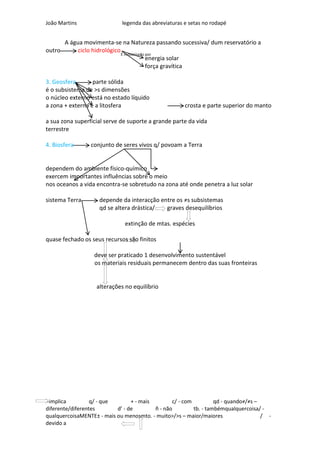 João Martins                 legenda das abreviaturas e setas no rodapé


      A água movimenta-se na Natureza passando sucessiva/ dum reservatório a
outro      ciclo hidrológico
                             É motorizado por
                                          energia solar
                                          força gravítica

3. Geosfera       parte sólida
é o subsistema de >s dimensões
o núcleo externo está no estado líquido
a zona + externa é a litosfera                        crosta e parte superior do manto

a sua zona superficial serve de suporte a grande parte da vida
terrestre

4. Biosfera      conjunto de seres vivos q/ povoam a Terra


dependem do ambiente físico-químico
exercem importantes influências sobre o meio
nos oceanos a vida encontra-se sobretudo na zona até onde penetra a luz solar

sistema Terra       depende da interacção entre os ≠s subsistemas
                    qd se altera drástica/  graves desequilíbrios

                              extinção de mtas. espécies

quase fechado os seus recursos são finitos

                  deve ser praticado 1 desenvolvimento sustentável
                  os materiais residuais permanecem dentro das suas fronteiras


                   alterações no equilíbrio




-implica          q/ - que       + - mais        c/ - com          qd - quando≠/≠s –
diferente/diferentes       d’ - de        ñ - não         tb. - tambémqualquercoisa/ -
qualquercoisaMENTE± - mais ou menosmto. - muito>/>s – maior/maiores                  / -
devido a
 