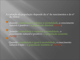 A variação da população depende do nº de nascimentos e do nº de óbitos: Quando  a natalidade é inferior à mortalidade , o crescimento natural é positivo –  a população diminui  (N<M) ; Quando  a natalidade é superior à mortalidade , o crescimento natural é positivo –  a população aumenta  (N>M) ; Quando  a natalidade é igual à mortalidade , o crescimento natural é nulo –  a população mantém-se  (N=M) . 