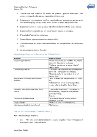 1
1Resumos Literatura Portuguesa
Exames 2011
2. Qualquer que seja a reacção do público aos poemas (“gozo ou admiração”) será
sempre em segunda mão, porque o autor já sentiu o mesmo.
3. O poeta sente necessidade de justificar a publicação dos seus poemas, porque antes
tinha afirmado que já não era poeta. Afinal, assume-se poeta até ao fim da vida.
4. Os poemas referem-se a uma época de vida íntima e não foram feitos para o público.
5. Os poemas foram inspirados por um “deus” a quem o autor os consagrou.
6. O “Ignoto Deo” permanece misterioso.
7. O poeta é louco porque aspira sempre ao impossível.
8. O mundo material e o poético são incompatíveis e o que permanece é o espírito do
poeta.
9. Nos poetas apenas o corpo é mortal.
Aspectos fundamentais da poesia de Folhas Caídas
Aspectos Poemas/Versos
Caracterização do “eu” “Prazer não sabia o que era/ Mas dor, não na
conhecia” (Quando Eu Sonhava);
“E infame sou, porque te quero; e tanto”
(Não te amo).
Caracterização do “tu” “Em toda a natureza/ Não vejo outra beleza/
Senão a ti – a ti” (Os Cinco Sentidos);
“Beleza és tu, luz és tu/ verdade és tu só”
(Ignoto Deo).
Relação eu – tu/ mulher-anjo/ mulher-
demónio
“Anjo és (M.A), que me domina (M.D) ” (Anjo
És);
“Não se enrede a rede nela/ Que perdido é
remo e vela/ Só de vê-la” (Barca Bela).
Dicotomia amor espiritual e amor físico/
sensual
“Divinas têm essas flores”; “A ti/ Ai a ti só
meus sentidos/ todos num confundidos”
(Cinco Sentidos);
Anjo és.
Caracterização da Natureza “Acabava ale a terra/ Nos derradeiros
rochedos” (Cascais).
Coloquialidade “Ai! Não te amo, não” (Não te amo).
Liberdade poética (estrutura formal) Não te amo.
Um Auto de Gil Vicente (Almeida Garrett)
Acto I (Pátio dos Paços de Sintra)
• Cena I – Pêro Safio ensaia Cortes de Júpiter e levanta suspeitas sobre a fidelidade de D.
Beatriz para com o Duque de Sabóia.
Joana Filipa Calado
 