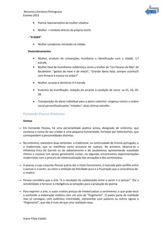 1
1Resumos Literatura Portuguesa
Exames 2011
• Poema representativo da mulher citadina
• Mulher -> símbolo directo da própria morte
- “A Débil”
• Mulher campesina retratada na cidade.
Deslumbramentos
• Mulher, produto de convenções mundanas e identificação com a cidade: 1.ª
estrofe.
• Mulher fatal de humilhante indiferença como a mulher de "Les Fleures du Mal" de
Baudelaire: "gestos de neve e de metal", "Grande dama fatal, sempre sozinha/E
com firmeza e música no andar!"
• Mulher, arcanjo e demónio: 6.ª estrofe.
• Erotismo de humilhação: redução do amante à condição de servo: vv.15, 16; 26-
28.
• Transposição do plano individual para o plano colectivo: vingança contra a ordem
social personificada pelas "miladies": duas últimas estrofes.
Fernando Pessoa Ortónimo
Síntese
→ Em Fernando Pessoa, há uma personalidade poética activa, designada de ortónimo, que
conserva o nome do seu criador e uma pequena humanidade, formada por heterónimos, que
correspondem a personalidades distintas.
→ No ortónimo, coexistem duas vertentes: a tradicional, na continuidade do lirismo português, e
a modernista, que se manifesta como processo de ruptura. Na primeira, observa-se a
influência lírica de Garrett ou do sebastianismo e do saudosismo, apresentando suavidade
rítmica e musical, em versos geralmente curtos; na segunda, encontramos experimentações
modernistas com a procura da intelectualização das sensações e dos sentimentos.
→ A poesia, a cujo conjunto Pessoa queria dar o título Cancioneiro, é marcada pelo conflito entre
o pensar e o sentir, ou entre a ambição da felicidade pura e a frustração que a consciência-de-
si implica.
→ Pessoa considera que a arte “é o resultado da colaboração entre o sentir e o pensar”. Daí a
sensibilidade a fornecer à inteligência as emoções para a produção do poema.
→ Para exprimir a arte, o autor criativo precisa de intelectualizar o sentimento, o que pode levar
a confundir a elaboração estética com um acto de “fingimento”. O poeta parte da realidade
mas só consegue, com autêntica sinceridade, representar com palavras ou outros signos o
“fingimento”, que não é mais do que uma realidade nova.
Joana Filipa Calado
 