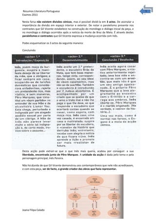 1
1Resumos Literatura Portuguesa
Exames 2011
Nesta farsa não existem divisões cénicas, mas é possível dividi-la em 3 actos. De assinalar a
importância da divisão em espaço interior e exterior. De notar o paralelismo presente nos
contrastes que Gil Vicente estabelece na construção do monólogo e diálogo inicial da peça, e
no monólogo e diálogo ocorridos após a noticia da morte de Braz da Mata. É através destes
paralelismos e contrastes que Gil Vicente expressa a mudança ocorrida com Inês.
Podes esquematizar os 3 actos da seguinte maneira:
Concluindo
Desta acção pode extrair-se que o que Inês mais queria, acabou por conseguir: a sua
liberdade, encontrada junto de Pêro Marquez. A unidade da acção é dada pelo tema e pela
personagem principal, Inês Pereira.
Não há dúvida de que Gil Vicente demonstrou aos contemporâneos que nele não acreditavam,
e com esta peça, ser de facto, o grande criador das obras que fazia representar.
Joana Filipa Calado
 
