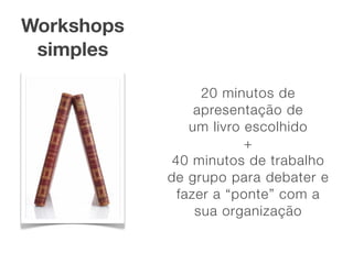 Workshops
 simples

                  20 minutos de
                 apresentação de
                um livro escolhido
                         +
             40 minutos de trabalho
            de grupo para debater e
              fazer a “ponte” com a
                 sua organização
 