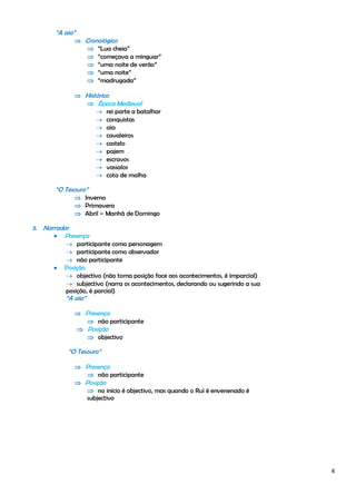 4
“A aia”
 Cronológico
 “Lua cheia”
 “começava a minguar”
 “uma noite de verão”
 “uma noite”
 “madrugada”
 Histórico
 Época Medieval
 rei parte a batalhar
 conquistas
 aia
 cavaleiros
 castelo
 pajem
 escravos
 vassalos
 cota de malha
“O Tesouro”
 Inverno
 Primavera
 Abril – Manhã de Domingo
5. Narrador
 Presença
 participante como personagem
 participante como observador
 não participante
 Posição
 objectivo (não toma posição face aos acontecimentos, é imparcial)
 subjectivo (narra os acontecimentos, declarando ou sugerindo a sua
posição, é parcial)
“A aia”
 Presença
 não participante
 Posição
 objectivo
“O Tesouro”
 Presença
 não participante
 Posição
 no início é objectivo, mas quando o Rui é envenenado é
subjectivo
 