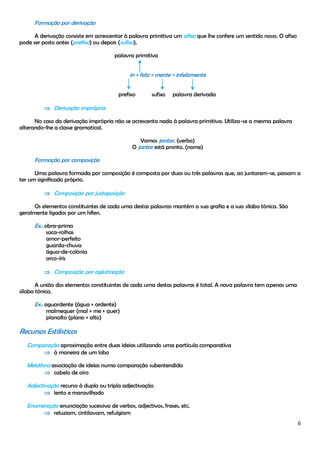 6
Formação por derivação
A derivação consiste em acrescentar à palavra primitiva um afixo que lhe confere um sentido novo. O afixo
pode ser posto antes (prefixo) ou depois (sufixo).
palavra primitiva
in + feliz + mente = infelizmente
prefixo sufixo palavra derivada
 Derivação imprópria
No caso da derivação imprópria não se acrescenta nada à palavra primitiva. Utiliza-se a mesma palavra
alterando-lhe a classe gramatical.
Vamos jantar. (verbo)
O jantar está pronto. (nome)
Formação por composição
Uma palavra formada por composição é composta por duas ou três palavras que, ao juntarem-se, passam a
ter um significado próprio.
 Composição por justaposição
Os elementos constituintes de cada uma destas palavras mantém a sua grafia e a sua sílaba tónica. São
geralmente ligados por um hífen.
Ex.: obra-prima
saca-rolhas
amor-perfeito
guarda-chuva
água-de-colónia
arco-íris
 Composição por aglutinação
A união dos elementos constituintes de cada uma destas palavras é total. A nova palavra tem apenas uma
sílaba tónica.
Ex.: aguardente (água + ardente)
malmequer (mal + me + quer)
planalto (plano + alto)
Recursos Estilísticos
Comparação aproximação entre duas ideias utilizando uma partícula comparativa
 à maneira de um lobo
Metáfora associação de ideias numa comparação subentendida
 cabelo de oiro
Adjectivação recurso à dupla ou tripla adjectivação
 lento e maravilhado
Enumeração enunciação sucessiva de verbos, adjectivos, frases, etc.
 reluziam, cintilavam, refulgiam
 