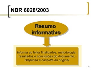 NBR 6028/2003 informa ao leitor finalidades, metodologia,  resultados e conclusões do documento.  Dispensa a consulta ao original. Resumo  informativo 