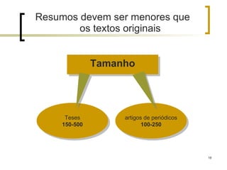 Resumos devem ser menores que os textos originais Teses 150-500 Tamanho artigos de periódicos 100-250 