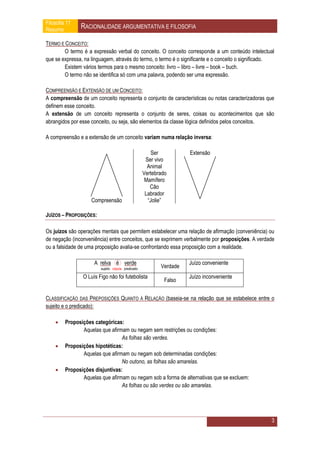 Filosofia 11
Resumo         RACIONALIDADE ARGUMENTATIVA E FILOSOFIA

TERMO E CONCEITO:
        O termo é a expressão verbal do conceito. O conceito corresponde a um conteúdo intelectual
que se expressa, na linguagem, através do termo, o termo é o significante e o conceito o significado.
        Existem vários termos para o mesmo conceito: livro – libro – livre – book – buch.
        O termo não se identifica só com uma palavra, podendo ser uma expressão.

COMPREENSÃO E EXTENSÃO DE UM CONCEITO:
A compreensão de um conceito representa o conjunto de características ou notas caracterizadoras que
definem esse conceito.
A extensão de um conceito representa o conjunto de seres, coisas ou acontecimentos que são
abrangidos por esse conceito, ou seja, são elementos da classe lógica definidos pelos conceitos.

A compreensão e a extensão de um conceito variam numa relação inversa:

                                                       Ser          Extensão
                                                    Ser vivo
                                                     Animal
                                                   Vertebrado
                                                    Mamífero
                                                      Cão
                                                    Labrador
                    Compreensão                      “Jolie”

JUÍZOS – PROPOSIÇÕES:

Os juízos são operações mentais que permitem estabelecer uma relação de afirmação (conveniência) ou
de negação (inconveniência) entre conceitos, que se exprimem verbalmente por proposições. A verdade
ou a falsidade de uma proposição avalia-se confrontando essa proposição com a realidade.

                     A relva é verde                                Juízo conveniente
                        sujeito cópula predicado          Verdade
                O Luís Figo não foi futebolista                     Juízo inconveniente
                                                            Falso


CLASSIFICAÇÃO DAS PREPOSIÇÕES QUANTO À RELAÇÃO (baseia-se na relação que se estabelece entre o
sujeito e o predicado):

        Proposições categóricas:
                Aquelas que afirmam ou negam sem restrições ou condições:
                                 As folhas são verdes.
        Proposições hipotéticas:
                Aquelas que afirmam ou negam sob determinadas condições:
                                 No outono, as folhas são amarelas.
        Proposições disjuntivas:
                Aquelas que afirmam ou negam sob a forma de alternativas que se excluem:
                                 As folhas ou são verdes ou são amarelas.




                                                                                                   3
 