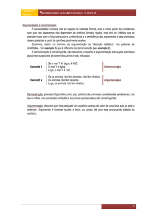 Filosofia 11
Resumo         RACIONALIDADE ARGUMENTATIVA E FILOSOFIA


Argumentação e Demonstração:
         A racionalidade humana não se esgota na validade formal, pois a maior parte dos problemas
    com que nos deparamos não dependem de critérios formais rígidos, mas sim de critérios que se
    prendem mais com a força persuasiva, a relevância e a pertinência dos argumentos e das premissas
    desencadeadas a partir de opiniões geralmente aceites.
         Entramos, assim, no domínio da argumentação ou “dedução dialética”, nas palavras de
    Aristóteles, (ver exemplo 1) que é diferente da demonstração (ver exemplo 2).
         A demonstração é constringente, não discutível, enquanto a argumentação pressupõe premissas
    plausíveis e passiveis de serem discutíveis e até, refutadas.

                      Se o mar Y for água, é H2O.
       Exemplo 1      O mar Y é água.                                    Demonstração
                      Logo, o mar Y é H2O.

                      Se os animais não têm deveres, não têm direitos.
       Exemplo 2      Os animais não têm deveres.                        Argumentação
                      Logo, os animais não têm direitos.


    Demonstração: processo lógico-discursivo que, partindo de premissas consideradas verdadeiras, nos
    leva a inferir uma conclusão verdadeira. As provas apresentadas são constringentes.

    Argumentação: discurso que visa persuadir um auditório acerca do valor de uma tese que se está a
    defender. Argumentar é fornecer razões a favor, ou contra, de uma tese provocando adesão do
    auditório.




                                                                                                   9
 