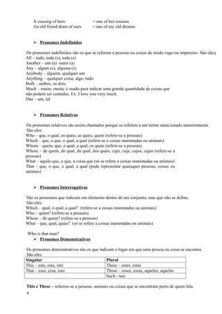 A cousing of hers               = one of her cousins
   An old friend dram of ours      = one of my old dreams


    Pronomes Indefinidos

Os pronomes indefinidos são os que se referem a pessoas ou coisas de modo vago ou impreciso. São eles:
All – tudo, todo (s), toda (s)
Another – um (a) outro (a)
Any – algum (s), alguma (s)
Anybody – alguém, qualquer um
Anything – qualquer coisa, algo, tudo
Both – ambos, os dois.
Much – muito, muita; é usado para indicar uma grande quantidade de coisas que
não podem ser contadas. Ex. I love you very much.
One – um, tal


    Pronomes Relativos

Os pronomes relativos são assim chamados porque se referem a um termo mencionado anteriormente.
São eles:
Who – que, o qual, os quais, as quais, quem (refere-se a pessoas)
Which – que, o que, o qual, a qual (refere-se a coisas inanimadas ou animais)
Whom – quem, que, o qual, a qual, os quais (refere-se a pessoas)
Whose – de quem, do qual, da qual, dos quais, cujo, cuja, cujos, cujas (refere-se a
pessoas)
What – aquilo que, o que, a coisa que (só se refere a coisas inanimadas ou animais)
That – que, o que, o qual, a qual (pode representar quaisquer pessoas, coisas ou
animais)


    Pronomes Interrogativos

São os pronomes que indicam um elemento dentro de um conjunto, mas que não se define.
São eles:
Which – qual, o qual, a qual? (refere-se a coisas inanimadas ou animais)
Who – quem? (refere-se a pessoas)
Whose – de quem? (refere-se a pessoas)
What – que, qual, quais? (só se refere a coisas inanimadas ou animais)

 Who is that man?
    Pronomes Demonstrativos

Os pronomes demonstrativos são os que indicam o lugar em que uma pessoa ou coisa se encontra.
São eles:
Singular                                  Plural
This – este, esta, isto                   These – estes, estas
That – esse, essa, isso                   Those – esses, essas, aqueles, aquelas
                                          Such - tais

This e These – referem-se a pessoas, animais ou coisas que se encontram perto de quem fala.
4
 