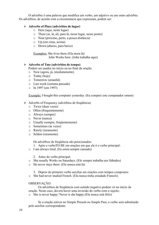O advérbio é uma palavra que modifica um verbo, um adjetivo ou um outro advérbio.
Os advérbios, de acordo com a circunstancia que expressam, podem ser:

      Adverbs of Place (advérbios de lugar)
         o Here (aqui, neste lugar)
         o There (aí, lá, ali, para lá, nesse lugar, nesse ponto)
         o Near (próximo, perto, a pouca distância)
         o Up (em cima, acima)
         o Down (abaixo, para baixo)

            Exemplos: She lives there (Ela mora lá)
                      John Works here. (John trabalha aqui)

      Adverbs of Tme (advérbios de tempo)
       Podem ser usados no início ou no final da oração.
       o Now (agora, já, imediatamente)
       o Today (hoje)
       o Tomorrow (amanhã)
       o Last week (semana passada)
       o In 1997 (em 1997)

        Exemplo: I bought this computer yesterday. (Eu comprei este computador ontem)

      Adverbs of Frequency (advérbios de freqüência)
       o Twice (duas vezes)
       o Often (frequentemente)
       o Always (sempre)
       o Never (nunca)
       o Usually (sempre, freqüentemente)
       o Sometimes (às vezes)
       o Rarely (raramente)
       o Seldon (raramente)

          Os advérbios de freqüência são posicionados:
          1. Após o verboTO BE em orações em que ele é o verbo principal:
        o I am always tired. (Eu estou sempre cansado)

          2. Antes do verbo principal:
        o She usually Works on Saturdays. (Ele sempre trabalha aos Sábados)
        o He never stays there. (Ele nunca está lá)

          3. Depois do primeiro verbo auxiliar em orações com tempos compostos:
        o She had never studied French. (Ela nunca tinha estudado Francês)

        OBSERVAÇÃO:
               Os advérbios de freqüência com sentido negativo podem vir no início da
        oração. Neste caso, deverá haver uma inversão do verbo com o sujeito:
        o She is never happy/ Never is she happy.(Ela nunca está feliz)

               Se a oração estiver no Simple Present ou Simple Past, o verbo será substituído
        pelo auxiliar correspondente:
10
 