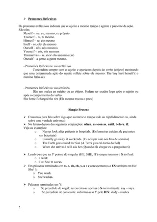  Pronomes Reflexivos

Os pronomes reflexivos indicam que o sujeito a mesmo tempo e agente e paciente da ação.
São eles:
   Myself – me, eu, mesmo, eu próprio
   Yourself – tu, tu mesmo
   Himself – se, ele mesmo
   Itself – se, ele/ ela mesmo
   Ourself – nós, nós mesmos
   Yourself – vós, vós mesmos
   Themselves – se, eles/ elas mesmos (as)
   Oneself – a gente, a gente mesmo.

    - Pronomes Reflexivos: uso reflexivo
           Concordam sempre com o sujeito e aparecem depois do verbo (objeto) mostrando
    que uma determinada ação do sujeito reflete sobre ele mesmo: The boy hurt herself ( o
    menino feriu-se)


    - Pronomes Reflexivos: uso enfático
           Dão um realce ao sujeito ou ao objeto. Podem ser usados logo após o sujeito ou
    após o complemento do verbo.
    She herself charged the tire (Ela mesma trocou o pneu)


                                      Simple Present

     O usamos para fala sobre algo que acontece o tempo todo ou repetidamente ou, ainda
       sobre uma verdade universal;
     No futuro depois das seguintes conjunções: when, as soon as, until, before, if;
    Veja os exemplos:
             o   Nurses look after patients in hospitals. (Enfermeiras cuidam de pacientes
               em hospitais)
             o   I usually go away at weekends. (Eu sempre saio aos fins de semana)
             o   The Earth goes round the Sun (A Terra gira em torno do Sol)
             o   When she arrives I will ask her.(Quando ela chegar eu a perguntarei)

     Lembre-se que na 3ª pessoa do singular (HE, SHE, IT) sempre usamos o S ao final:
           o I work
           o He/ She/ It works.
     Em palavras terminadas em ss, s, sh, ch, x, o e z acrescentamos o ES também em He/
      She/ It:
         o You wash.
         o She washes.

     Palavras terminadas em Y:
          o     Se precedido de vogal: acrescenta-se apenas o S normalmente: say – says.
          o      Se precedido de consoante: substitui-se o Y pelo IES: study - studies



5
 
