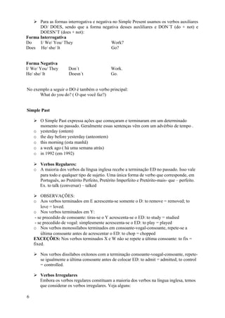  Para as formas interrogativa e negativa no Simple Present usamos os verbos auxiliares
      DO/ DOES, sendo que a forma negativa desses auxliliares e DON´T (do + not) e
      DOESN’T (does + not):
Forma Interrogativa
Do    I/ We/ You/ They                      Work?
Does He/ she/ It                            Go?


Forma Negativa
I/ We/ You/ They       Don´t                   Work.
He/ she/ It            Doesn´t                 Go.


No exemplo a seguir o DO é também o verbo principal:
      What do you do? ( O que você faz?)


Simple Past

     O Simple Past expressa ações que começaram e terminaram em um determinado
      momento no passado. Geralmente essas sentenças vêm com um advérbio de tempo .
    o yesterday (ontem)
    o the day before yesterday (anteontem)
    o this morning (esta manhã)
    o a week ago ( há uma semana atrás)
    o in 1992 (em 1992)

     Verbos Regulares:
    o A maioria dos verbos da língua inglesa recebe a terminação ED no passado. Isso vale
      para todo e qualquer tipo de sujetio. Uma única forma de verbo que corresponde, em
      Português, ao Pretérito Perfeito, Pretérito Imperfeito e Pretérito-mais- que – perfeito.
      Ex. to talk (conversar) – talked

     OBSERVAÇÕES:
    o Aos verbos terminados em E acrescenta-se somente o D: to remove = removed; to
         love = loved.
    o Nos verbos terminados em Y:
     - se precedido de consoante: tiras-se o Y acrescenta-se o ED: to study = studied
     - se precedido de vogal: simplesmente acrescenta-se o ED: to play = played
    o Nos verbos monossílabos terminados em consoante-vogal-consoante, repete-se a
         última consoante antes de acrescentar o ED: to chop = chopped
    EXCEÇÕES: Nos verbos terminados X e W não se repete a última consoante: to fix =
    fixed.

     Nos verbos dissílabos oxítonos com a terminação consoante-voagal-consoante, repete-
      se igualmente a última consoante antes de colocar ED: to admit = admitted; to control
      = controlled.

     Verbos Irregulares
      Embora os verbos regulares constituam a maioria dos verbos na língua inglesa, temos
      que considerar os verbos irregulares. Veja alguns:

6
 
