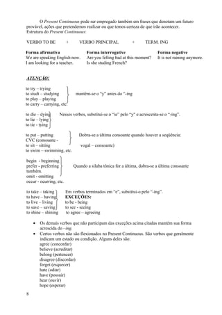 O Present Continuous pode ser empregado também em frases que denotam um futuro
provável, ações que pretendemos realizar ou que temos certeza de que irão acontecer.
Estrutura do Present Continuous:

VERBO TO BE              +      VERBO PRINCIPAL               +       TERM. ING

Forma afirmativa                    Forma interrogative                      Forma negative
We are speaking English now.        Are you felling bad at this moment?      It is not raining anymore.
I am looking for a teacher.         Is she studing French?


ATENÇÃO!

to try – trying
to studt – studying           mantém-se o “y” antes do “-ing
to play – playing
to carry – carrying, etc.

to die – dying       Nesses verbos, substitui-se o “ie” pelo “y" e acrescenta-se o “-ing”.
to lie – lying
to tie - tying

to put – putting                Dobra-se a última consoante quando houver a seqüência:
CVC (consoante -
to sit – sitting                 vogal – consoante)
to swim – swimming, etc.

begin - beginning
prefer - preferring          Quando a sílaba tônica for a última, dobra-se a última consoante
também.
omit - omitting
occur - ocurring, etc.

to take – taking         Em verbos terminados em “e”, substitui-o pelo “-ing”.
to have – having         EXCEÇÕES:
to live – living         to be - being
to save – saving         to see - seeing
to shine – shining        to agree – agreeing

    • Os demais verbos que não participam das exceções acima citadas mantém sua forma
      acrescida do –ing.
    • Certos verbos não são flexionados no Present Continuous. São verbos que geralmente
      indicam um estado ou condição. Alguns deles são:
      agree (concordar)
      believe (acreditar)
      belong (pertencer)
      disagree (discordar)
      forget (esquecer)
      hate (odiar)
      have (possuir)
      hear (ouvir)
      hope (esperar)
8
 