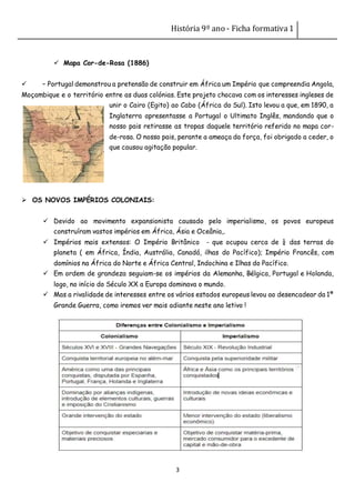 História 9º ano - Ficha formativa1
3
 Mapa Cor-de-Rosa (1886)
 – Portugal demonstrou a pretensão de construir em África um Império que compreendia Angola,
Moçambique e o território entre as duas colónias. Este projeto chocava com os interesses ingleses de
unir o Cairo (Egito) ao Cabo (África do Sul). Isto levou a que, em 1890, a
Inglaterra apresentasse a Portugal o Ultimato Inglês, mandando que o
nosso pais retirasse as tropas daquele território referido no mapa cor-
de-rosa. O nosso pais, perante a ameaça da força, foi obrigado a ceder, o
que causou agitação popular.
 OS NOVOS IMPÉRIOS COLONIAIS:
 Devido ao movimento expansionista causado pelo imperialismo, os povos europeus
construíram vastos impérios em África, Ásia e Oceânia,.
 Impérios mais extensos: O Império Britânico - que ocupou cerca de ¼ das terras do
planeta ( em África, Índia, Austrália, Canadá, ilhas do Pacífico); Império Francês, com
domínios na África do Norte e África Central, Indochina e Ilhas do Pacífico.
 Em ordem de grandeza seguiam-se os impérios da Alemanha, Bélgica, Portugal e Holanda,
logo, no início do Século XX a Europa dominava o mundo.
 Mas a rivalidade de interesses entre os vários estados europeus levou ao desencadear da 1ª
Grande Guerra, como iremos ver mais adiante neste ano letivo !
 