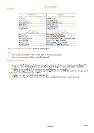 Resumos Inglês
Past Perfect


                                  Affirmative                                     Negative
                  sujeito + had + verbo no “Past Participle”     suj. + hadn’t + verbo no “Past Participle”
                  I had won.                                   I hadn’t won.
                  You had won.                                 You hadn’t won.
                  He/she/it had won.                           He/she/it hadn’t won.
                  We had won.                                  We hadn’t won.
                  You had won.                                 You hadn’t won.
                  They had won.                                They hadn’t won.
                                 Interrogative                                 Short Answers
                             did + sujeito + verbo                         yes/no + had/hadn’t
                  Had I won?                                   Yes, I had. / No, I hadn’t.
                  Had you won?                                 Yes, you had. / No, I didn’t.
                  Had he/she/it won?                           Yes, he/she/it had. / No, he/she/it hadn’t.
                  Had we won?                                  Yes, we had. / No, we hadn’t.
                  Had you won?                                 Yes, you had. / No, you hadn’t.
                  Had they won?                                Yes, they had. / No, they hadn’t.

 Alguns verbos têm formas irregulares (tabela da última página)

 Uso
      Falar de algo que aconteceu antes de outra acção ou momento no passado
      Usa-se com because para justificar uma acção no passado

Past Simple vs Past Perfect

      Usa-se o past perfect para nos referirmos a uma acção ou momento anterior e o past simple para a acção seguinte.
       Ex. When we arrived at the party, John had gone home. (Quando chegamos à festa, o John já tinha ido embora.)
    Para falar de uma sequência de eventos por ordem cronológica, usa-se o past simple.
       Ex. She told her parents that she wanted to act. Her opportunity came in 2002. (Ela contou aos pais que queria
   representar. A oportunidade dela veio em 2002.)
    Para ligar uma acção ao presente, usa-se o past perfect.
       Ex. This is a nice place. I’ve never been here before. (Este lugar é bonito. Nunca tinha estado cá antes.)




                                                                                                               Página | 3
                                                               | Ana Neiva |
 