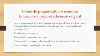 Fases de preparação do resumo:
leitura e compreensão do texto original
• fazer a leitura atenta do texto ( Recomenda-se que a leitura seja feita tantas
vezes quantas necessárias: compreender de que fala o texto, qual o seu
sentido geral );
• dividir o texto em partes;
• dar um título - resumo a cada parte;
• “desmontar” o texto em palavras – chave e articuladores do discurso;
• fazer a síntese / organização das ideias.
 