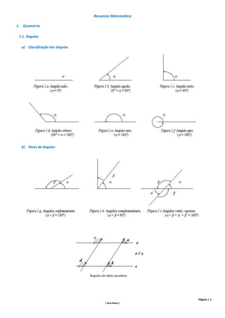 Resumos Matemática

1. Geometria

 1.1. Ângulos

  a) Classificação dos ângulos




  b) Pares de ângulos




                                 Ângulos de lados paralelos




                                                              Página | 1
                                           | Ana Neiva |
 