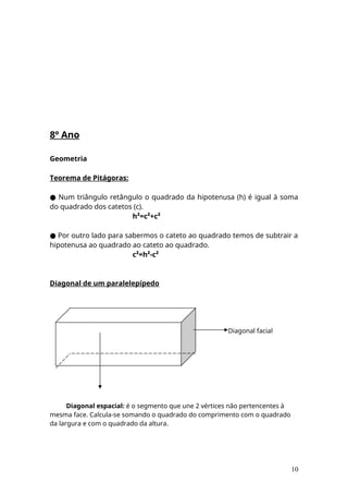 8º Ano
Geometria
Teorema de Pitágoras:
● Num triângulo retângulo o quadrado da hipotenusa (h) é igual à soma
do quadrado dos catetos (c).
h²=c²+c²
● Por outro lado para sabermos o cateto ao quadrado temos de subtrair a
hipotenusa ao quadrado ao cateto ao quadrado.
c²=h²-c²
Diagonal de um paralelepípedo
Diagonal facial
Diagonal espacial: é o segmento que une 2 vértices não pertencentes à
mesma face. Calcula-se somando o quadrado do comprimento com o quadrado
da largura e com o quadrado da altura.
10
 